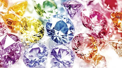 Multicolored faceted gemstones are arranged in dense clusters