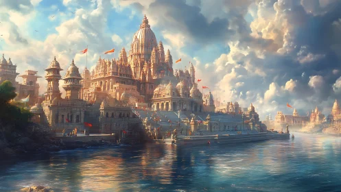 Sunlit riverfront temple city rises beneath dramatic skies