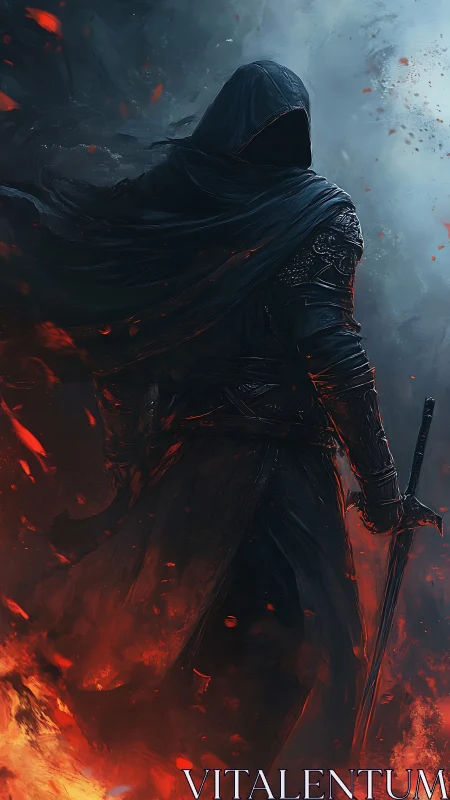 Shrouded warrior emerging through embers and stormlight.