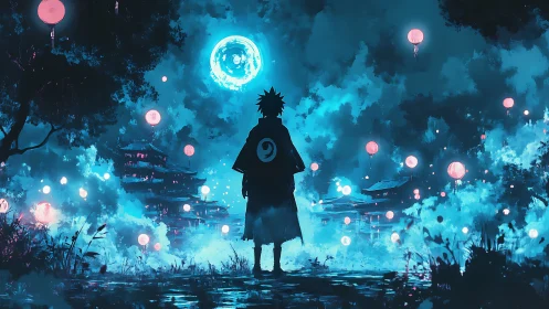 Moonlit wanderer among floating lanterns in electric blue night.