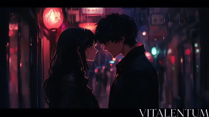 Midnight rain confession beneath neon city lantern glow.