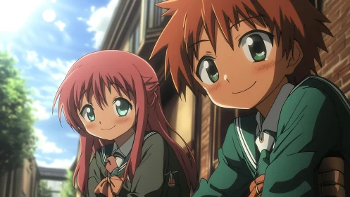 Two anime students smile outdoors in warm afternoon light