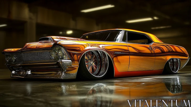 Low-riding custom coupe with hyperreflective candy paintwork.
