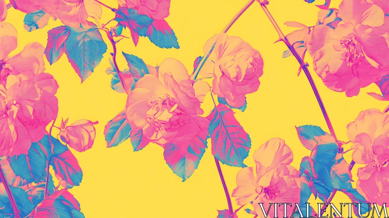 Vibrant duotone rose illustration on neon yellow ground.