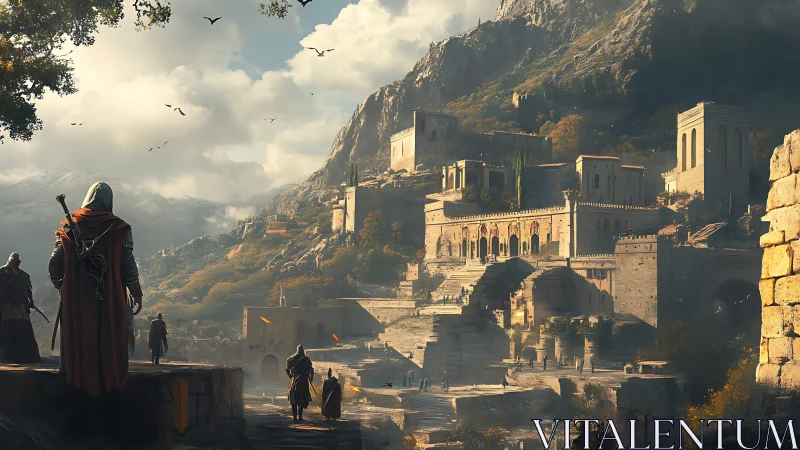 Hooded wanderers approach a sunlit mountain citadel.