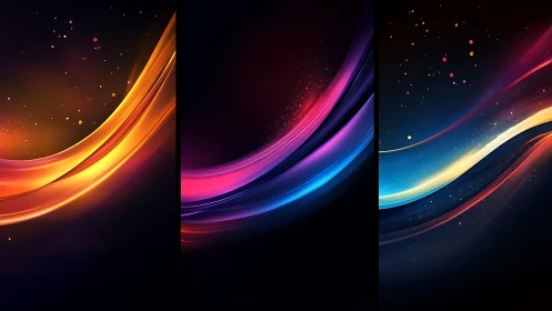 Triptych shows curved multicolor light bands on dark fields