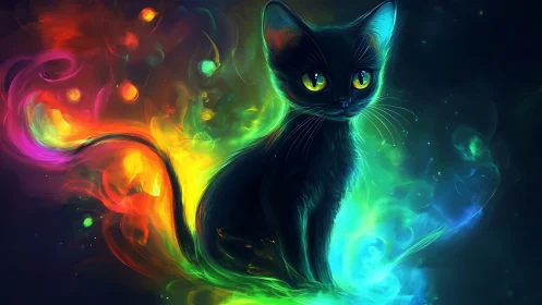 Mystical Black Cat with Glowing Rainbow Aura