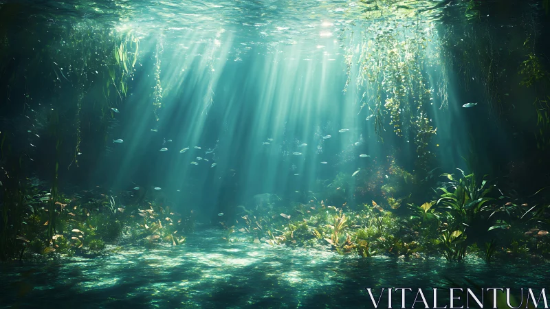 Sunbeams drift gently through a tranquil underwater garden
