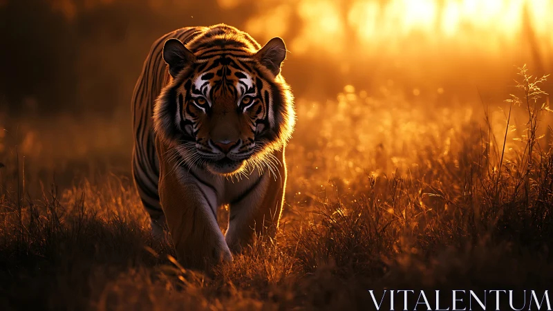 Tiger walks through tall grass under intense golden backlight