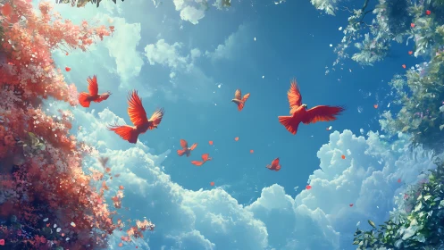 Vivid red birds soaring above clouds in a dreamy, fantasy landscape.