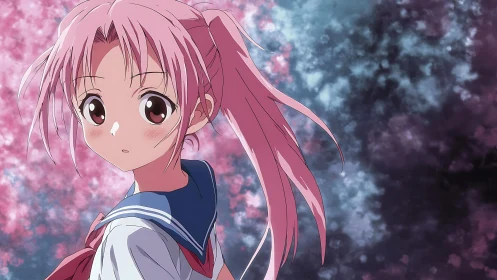 Anime schoolgirl turns amid cherry blossoms in soft focus