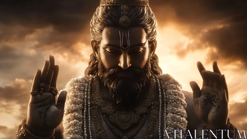 Peaceful divine figure glowing softly in sunset light.