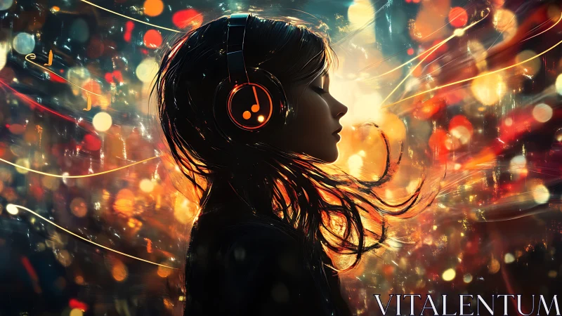 Girl in glowing headphones surrenders to swirling music.