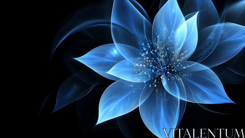 Digital blue flower structure is rendered on a black field