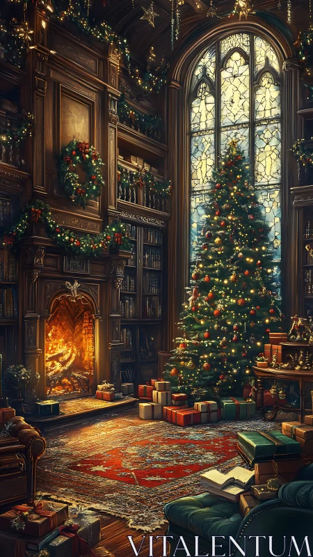Gothic library interior with Christmas tree and roaring fireplace