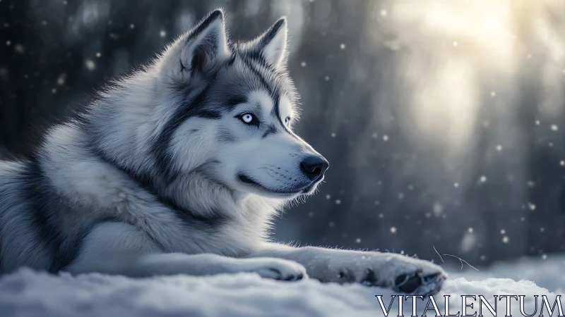 Siberian husky rests in blue dusk snow, gaze toward light.