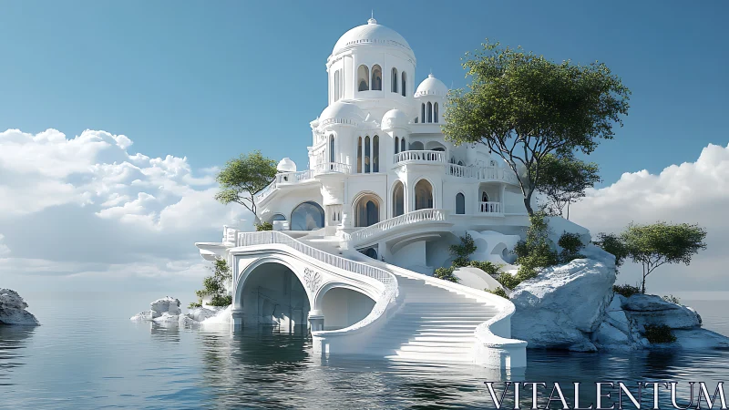 White coastal domed structure on rocky islet over water.