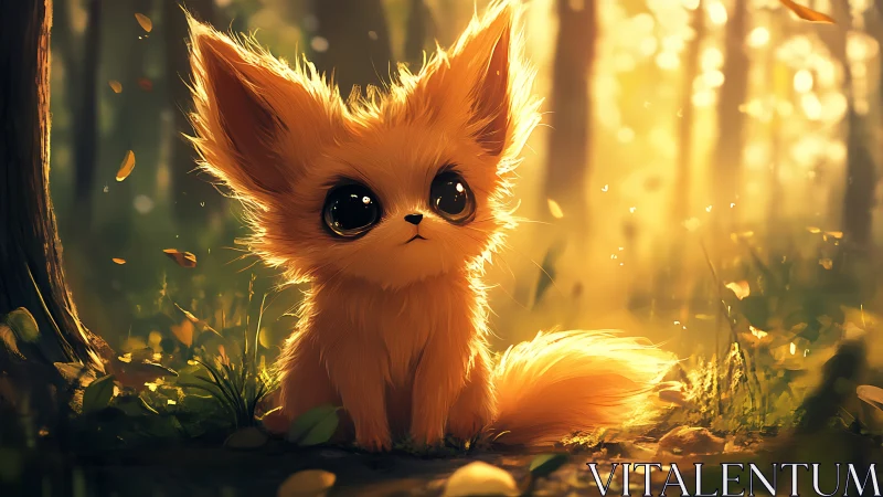 Sunlit forest foxling with impossibly bright curious eyes.