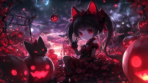 Gothic neko girl sits among glowing jack o lanterns