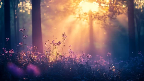 Dawnlit violet wildflowers drinking secrets from forest fog.