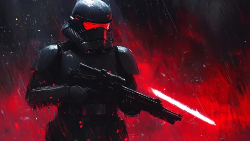 Armored sci-fi trooper in rain with glowing energy rifle