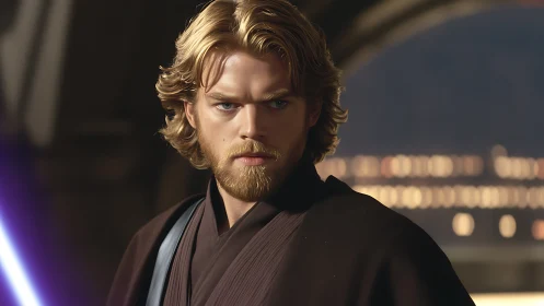 Golden‑haired space guardian holds silent violet resolve.