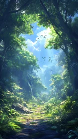 Ancient Forest Canyon. Sunlit Path Through Dense Woodland.