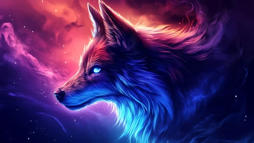 Nebula-coated starwolf gazing through prismatic nightfall.