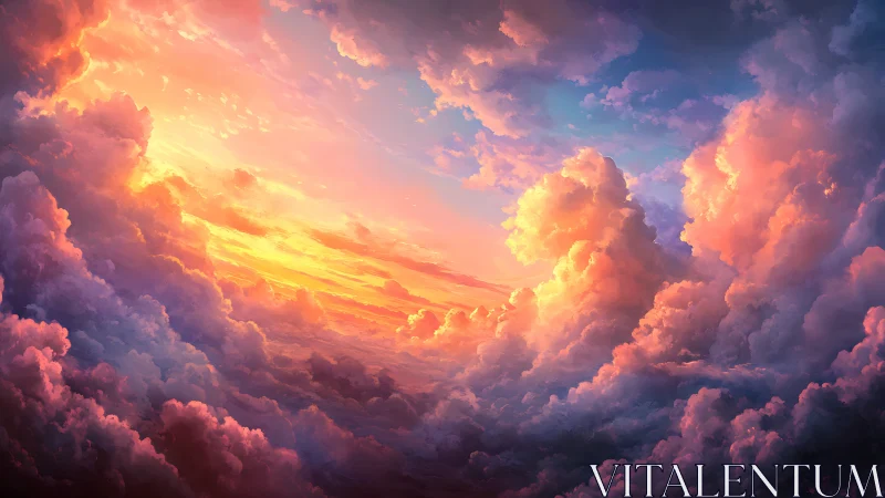 Layered sunset cloudscape with warm and cool color contrast.