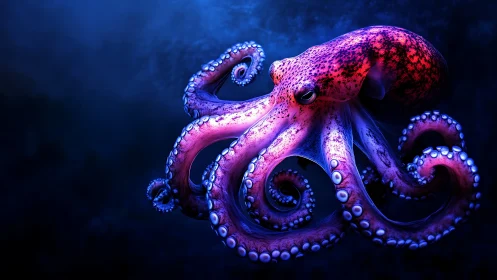 Neon dusk octopus pirouettes through electric midnight blue.