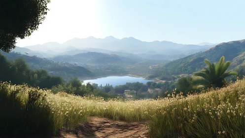 Sunlit valley lake with distant blue mountains and wild grass