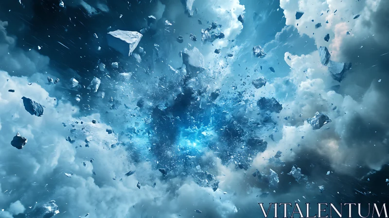 Cosmic ice explosion scattering debris through clouds.