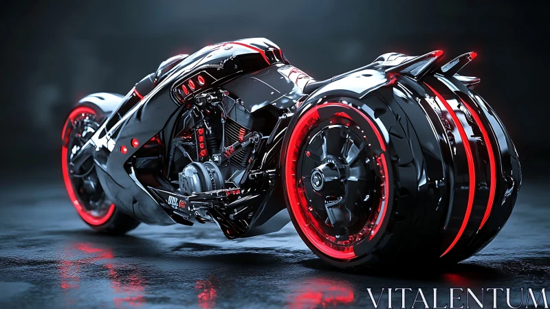 Futuristic black motorcycle with bright red neon accents.