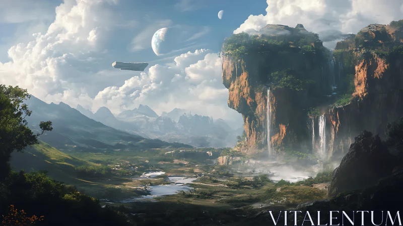 Futuristic alien valley with cliffs, waterfalls, and moons.
