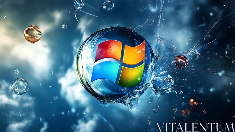 Windows-like rainbow glass sphere splashing through water.