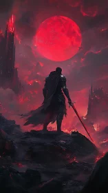 Lone dark knight confronts burning realm under blood moon