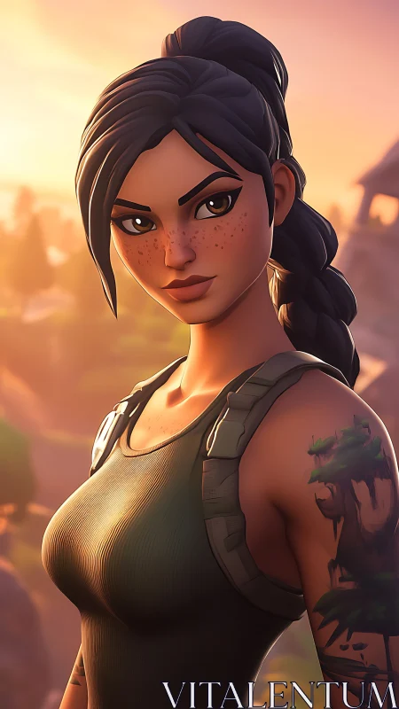 Sunset warrior with freckles and a quiet forest tattoo.