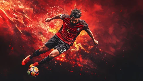 Digital artwork of soccer player kicking ball in red flames.