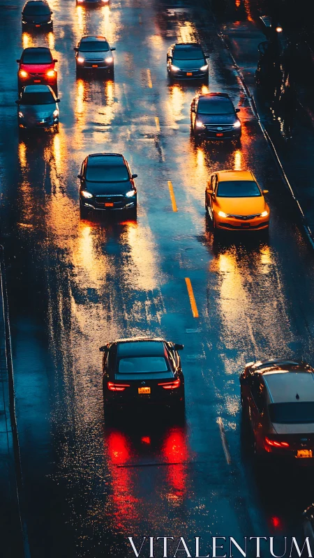 Rain-slicked urban traffic corridor with reflective light trails.