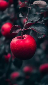 Glistening red orchard apple in soft twilight focus.