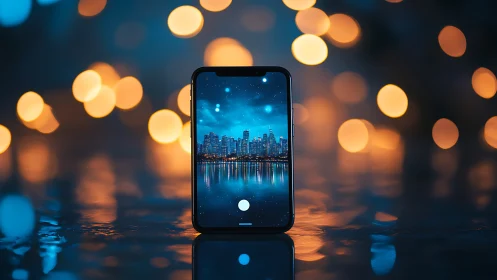 Smartphone displays city skyline against blurred bokeh lights