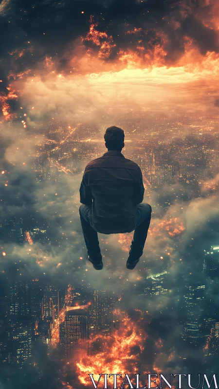 Solitary figure hovers above a burning city in stormy skies