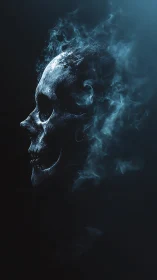 Luminous skull in drifting blue smoke on black void.