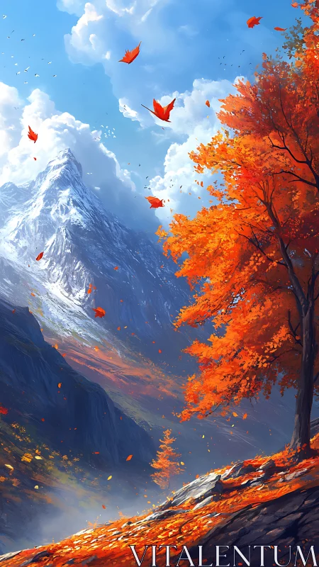 Mountain slope with autumn tree and distant snowy peak