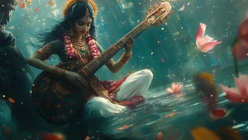 Divine musician with veena in luminous lotus-filled waters