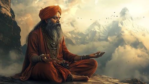 Himalayan yogi in orange robes meditating amid clouded peaks
