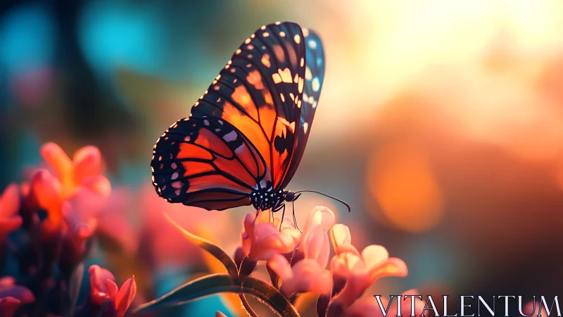 Butterfly on clustered flowers in soft sunset backlight.