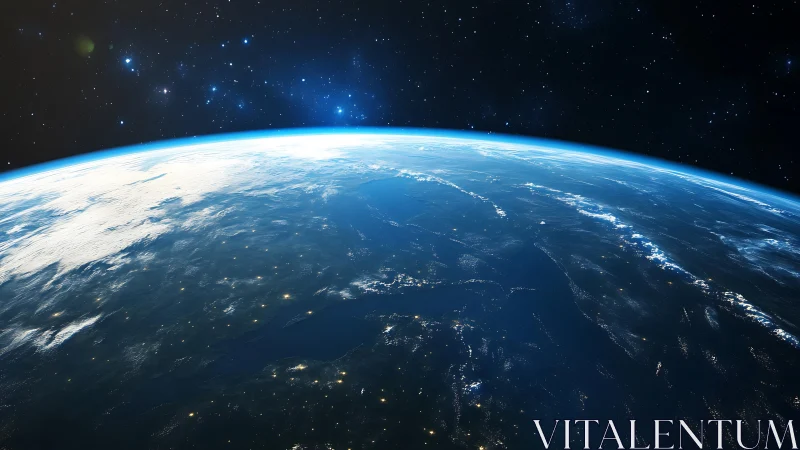 Curved Earth horizon glows softly against star-filled space.