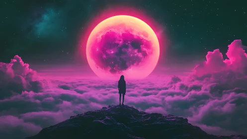Silhouette stands before oversized neon pink moon above clouds