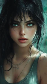 Digital portrait of wet haired woman in teal top outdoors.